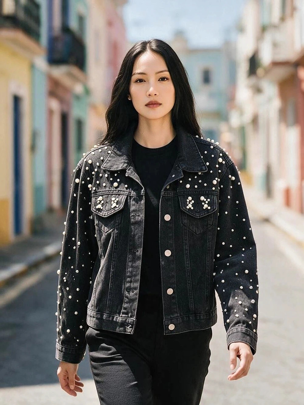 Studded Black Denim Jacket Size Small Like New